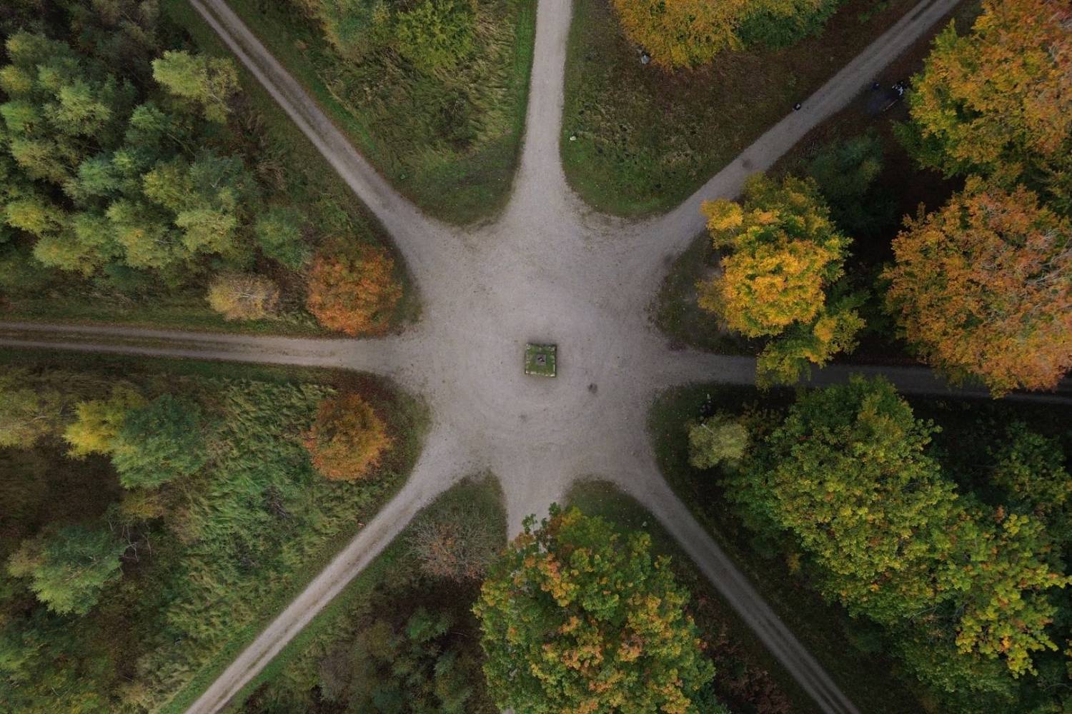 aerial view of a forest path intersection surrounded by autumn foliage