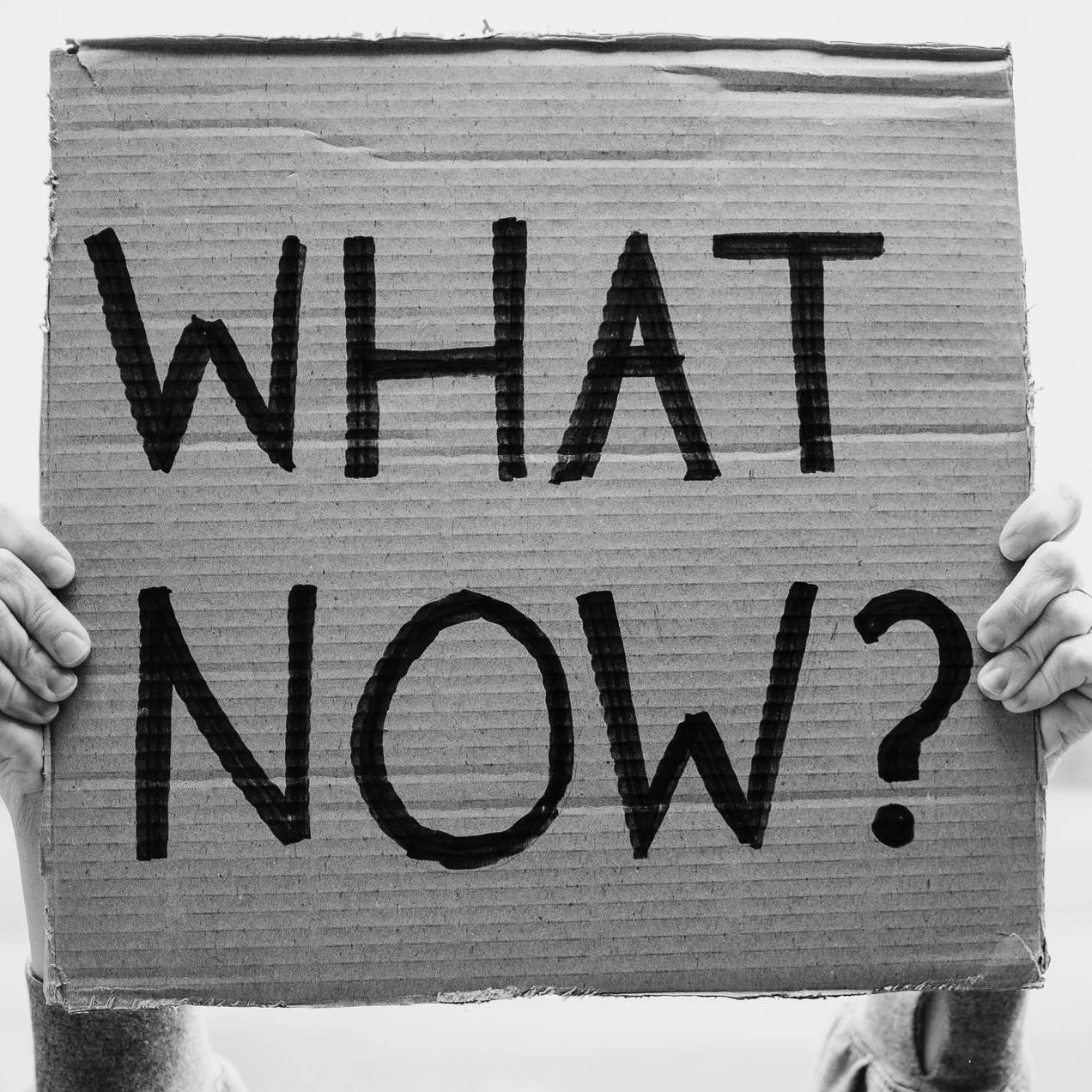 Person holding a cardboard sign with the words “WHAT NOW?” written in bold black letters.